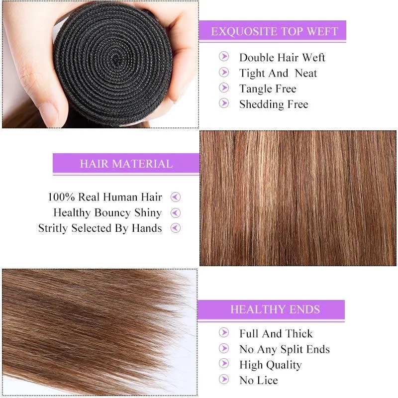 Modern Show Brown Hair With Strawberry Blonde Highlights Straight Brazilian Human Hair 3 Bundles