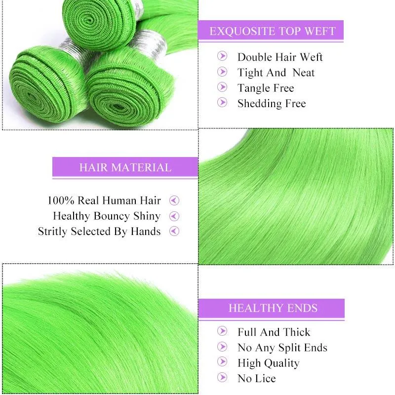 Modern Show Long Straight Neon Green Color Hair 3 Bundles Brazilian Human Hair Weave