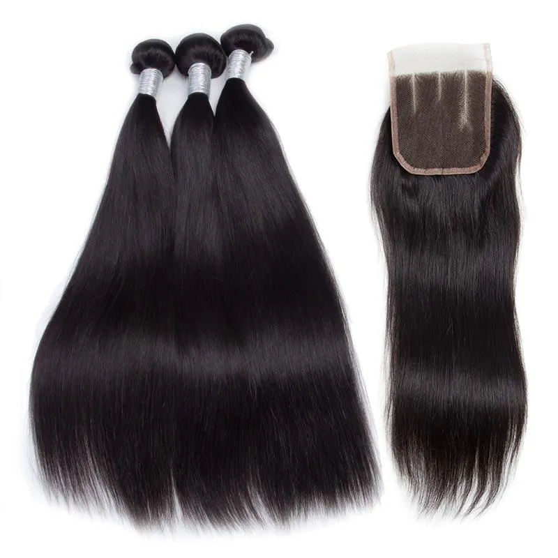 Modern Show Raw Indian Virgin Remy Human Hair Weave Straight 3 Bundles With Lace Closure