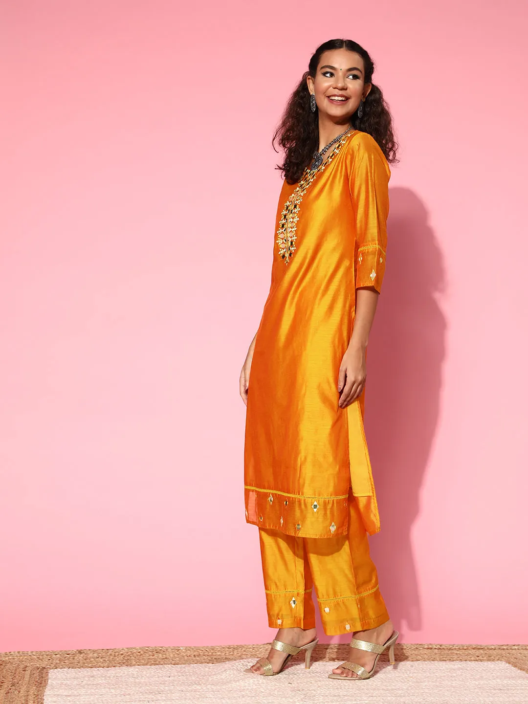 Mustard Chanderi Mirror Embroidered Straight Kurta With Palazzo
