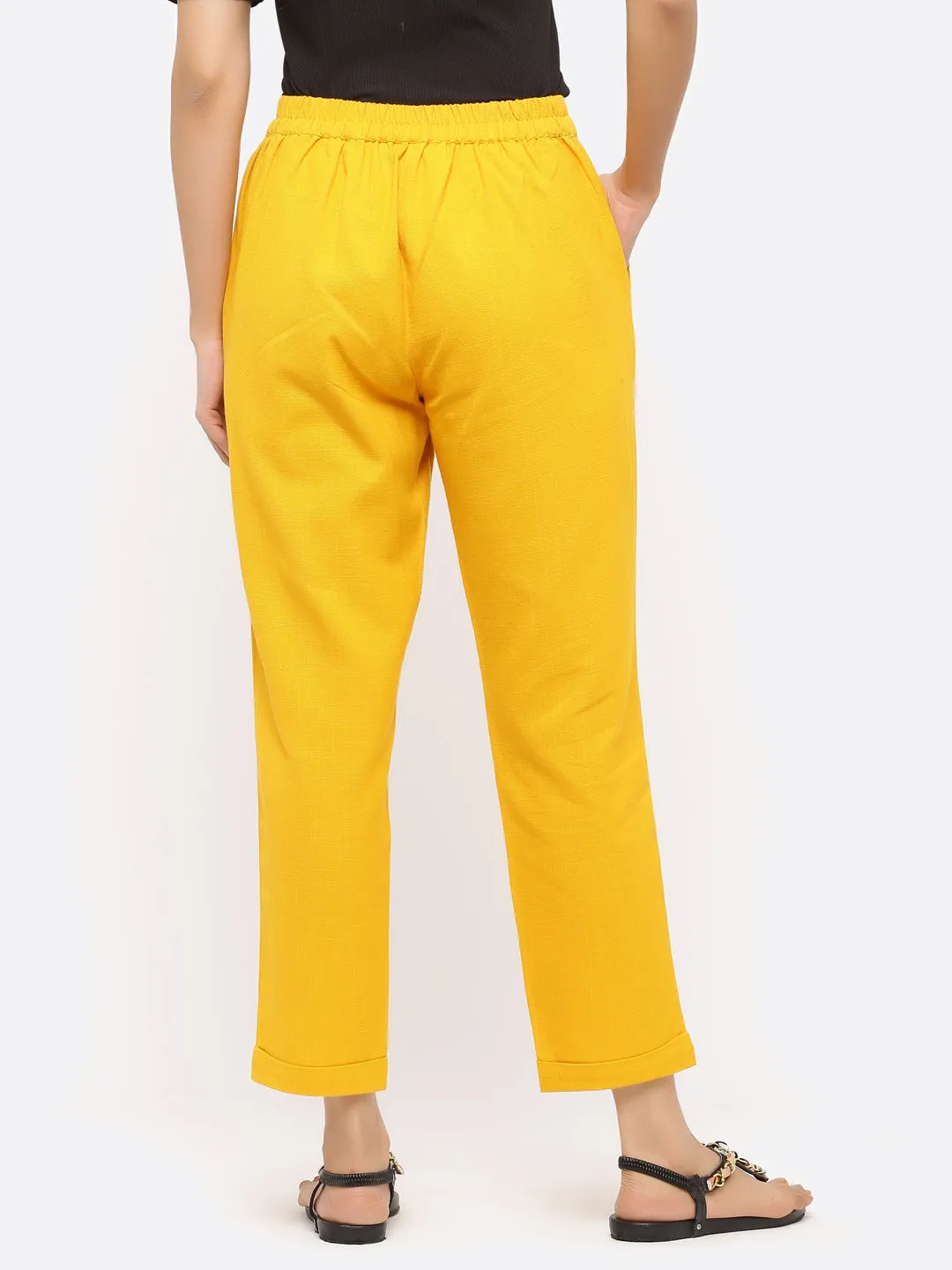 Mustard Cotton Slub Bottom-Fold Straight Pants