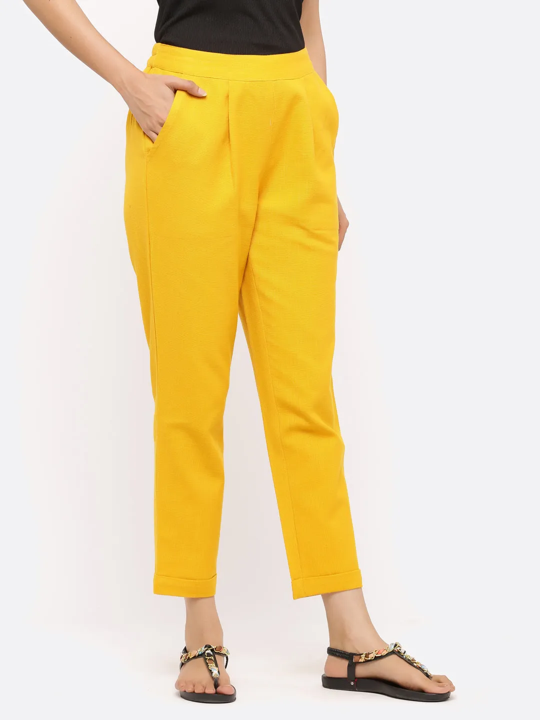 Mustard Cotton Slub Bottom-Fold Straight Pants