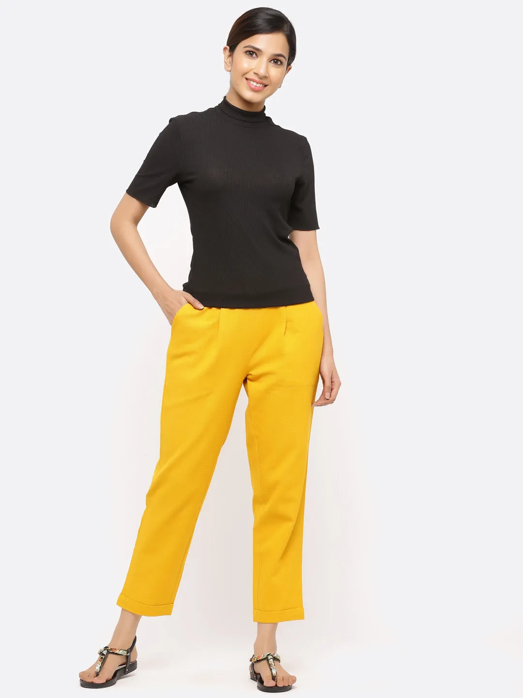 Mustard Cotton Slub Bottom-Fold Straight Pants