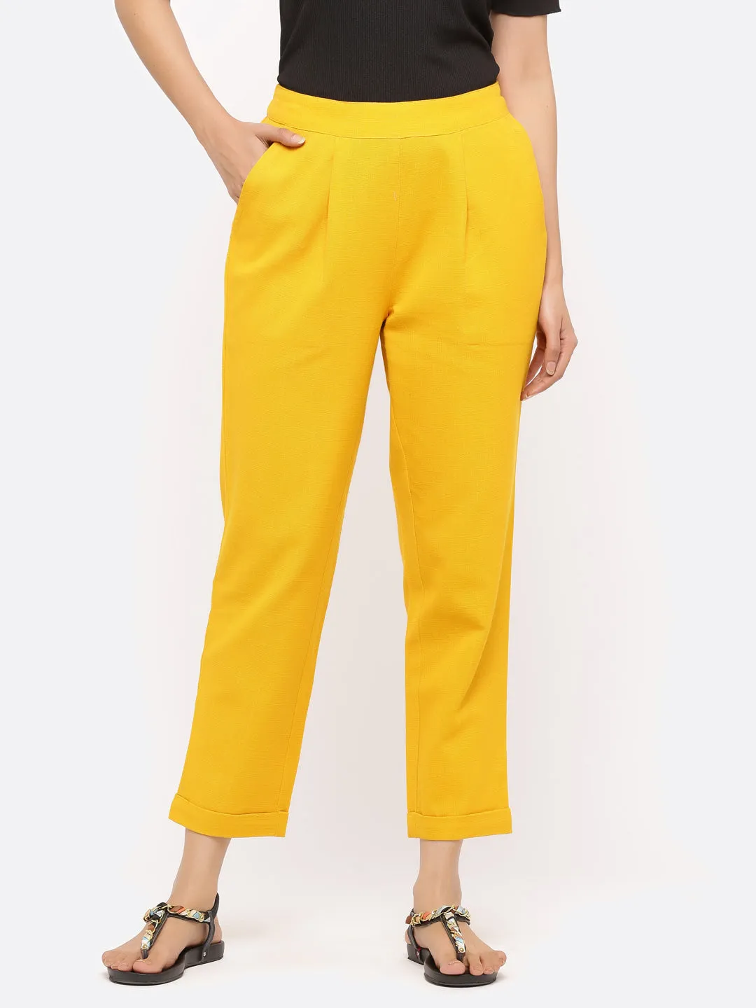 Mustard Cotton Slub Bottom-Fold Straight Pants