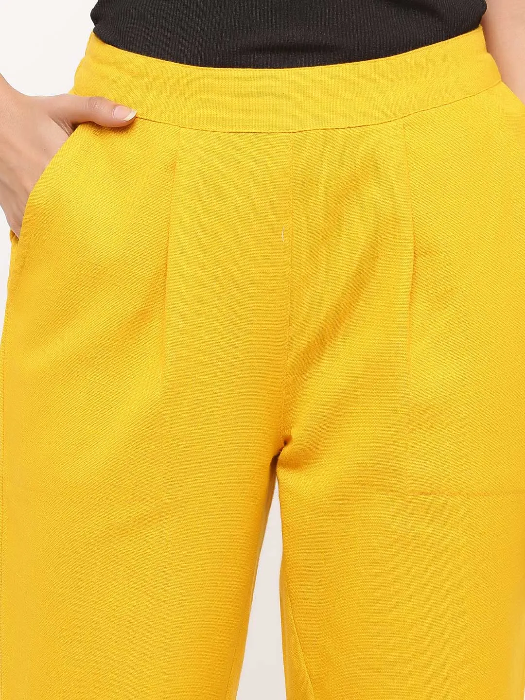Mustard Cotton Slub Bottom-Fold Straight Pants