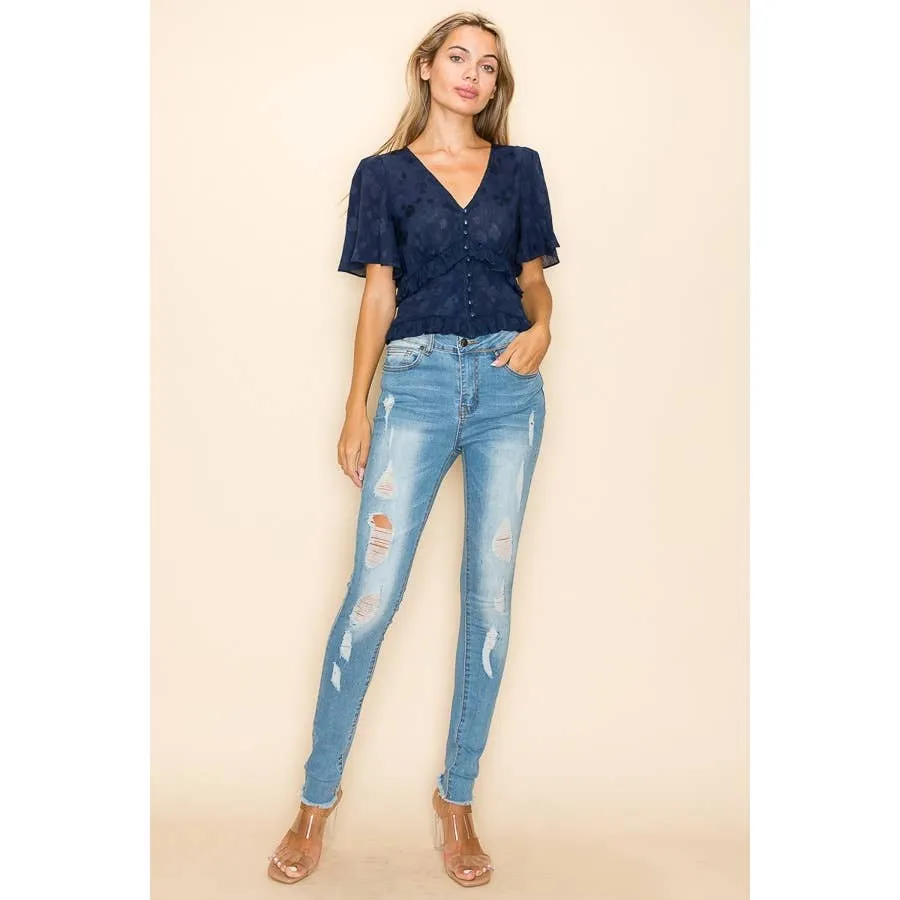 Navy Women's V-Neck Jacquard Top