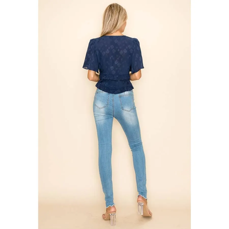 Navy Women's V-Neck Jacquard Top