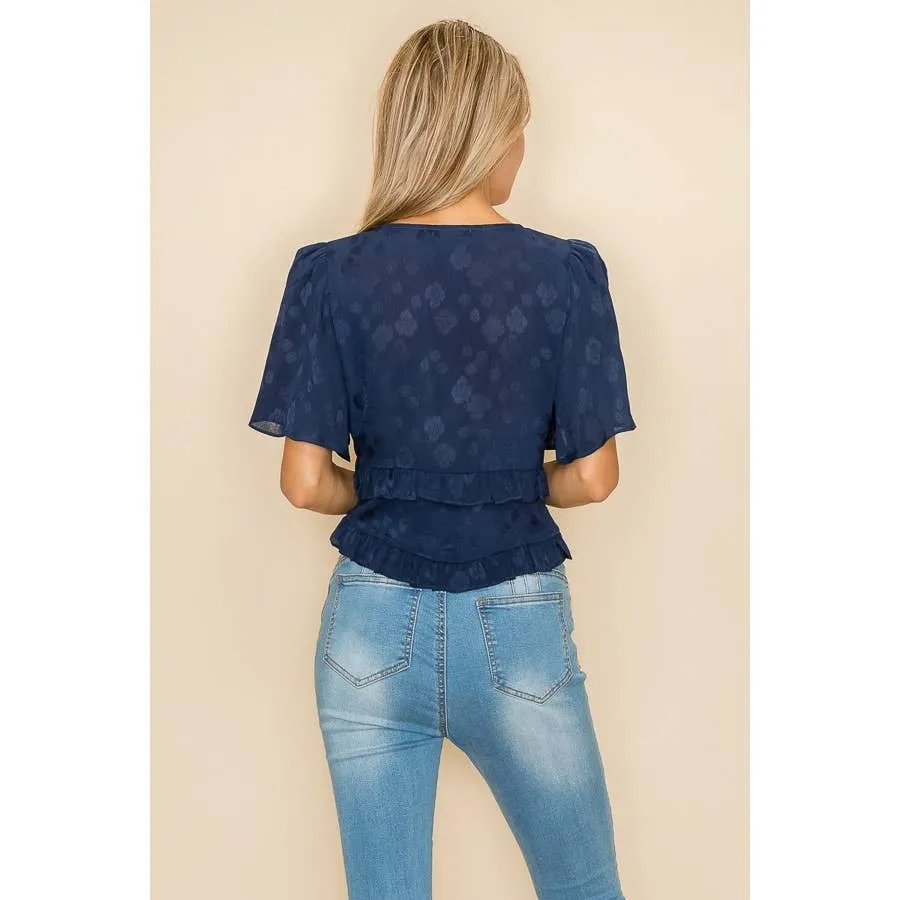Navy Women's V-Neck Jacquard Top