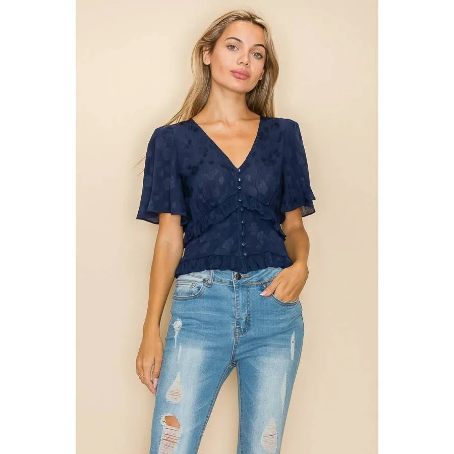 Navy Women's V-Neck Jacquard Top