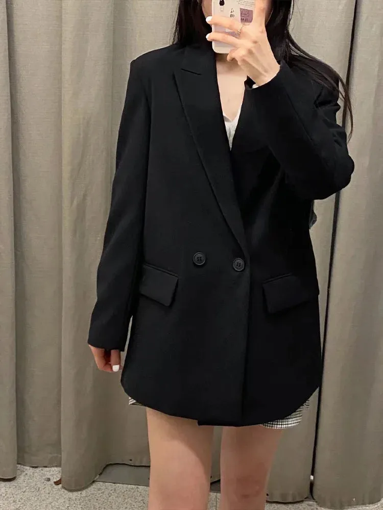 New Fashion Double Breasted Plus Size Blazer Coat - Vintage Long Sleeve Pockets Female Outerwear Chic