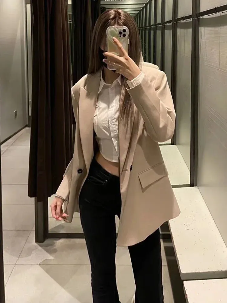New Fashion Double Breasted Plus Size Blazer Coat - Vintage Long Sleeve Pockets Female Outerwear Chic