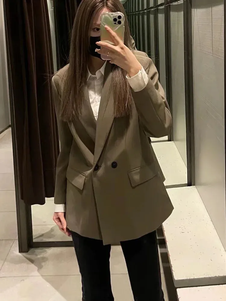 New Fashion Double Breasted Plus Size Blazer Coat - Vintage Long Sleeve Pockets Female Outerwear Chic