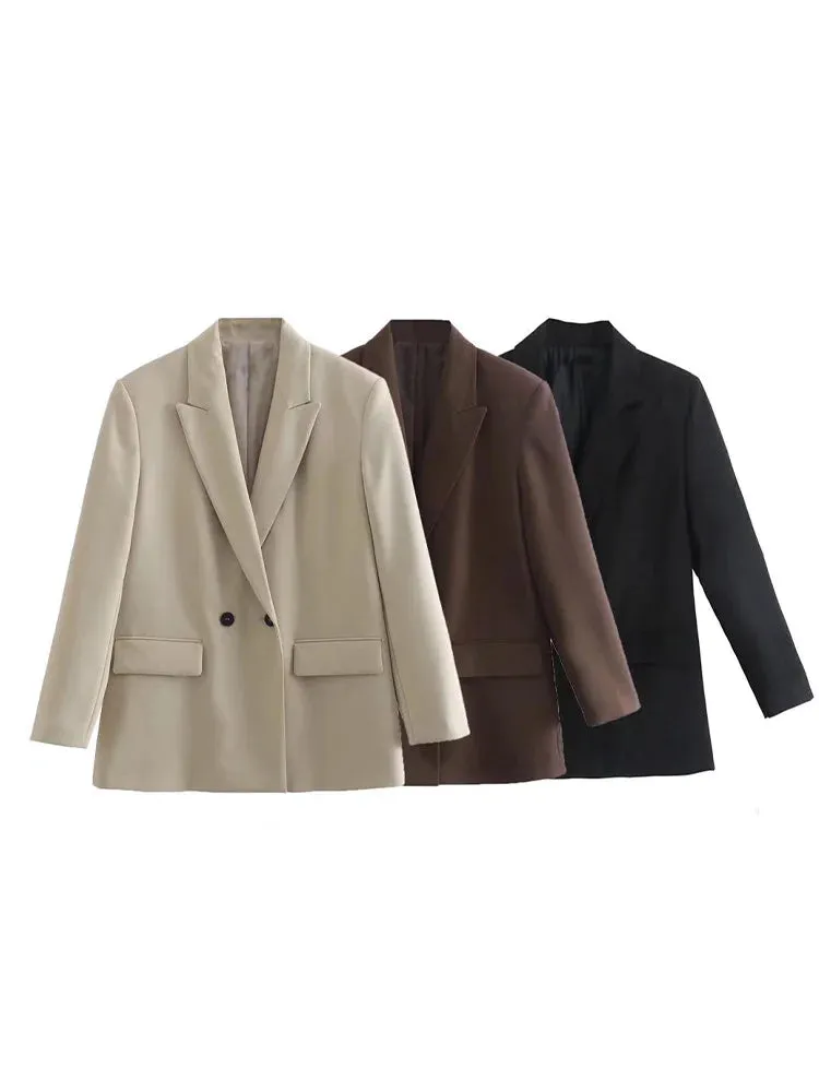 New Fashion Double Breasted Plus Size Blazer Coat - Vintage Long Sleeve Pockets Female Outerwear Chic