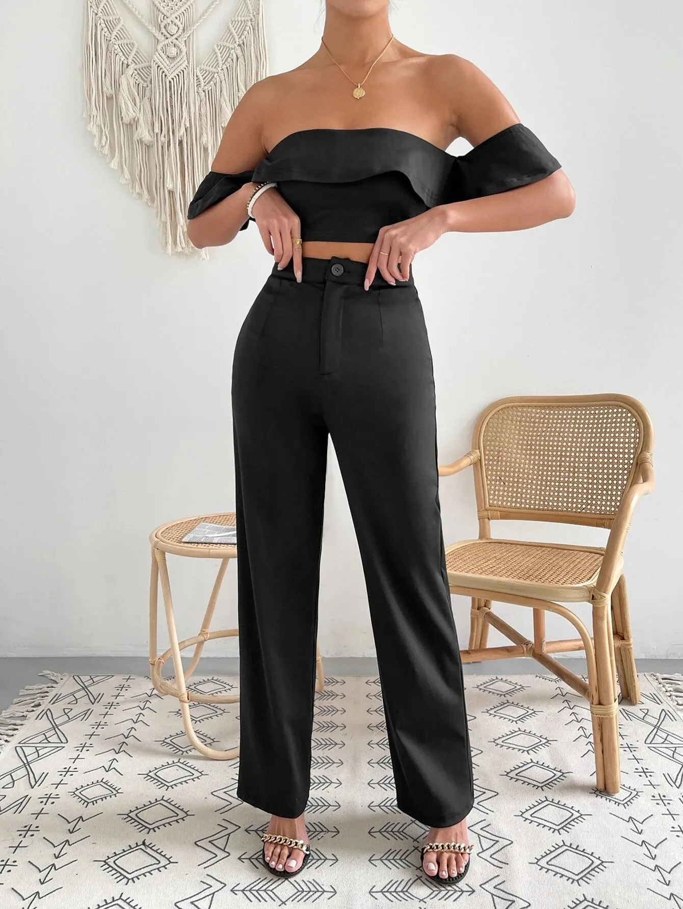 New Shein Straight Leg Pants & Top! Black, Sz XS! High Stretch
