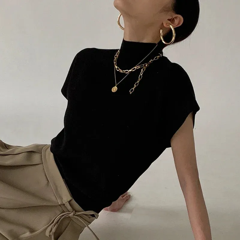 New Short Sleeve Turtleneck Knitted Sweater for Women – Casual Pullover Knit Top, Fashion Blusas Mujer De Moda 2025 Summer