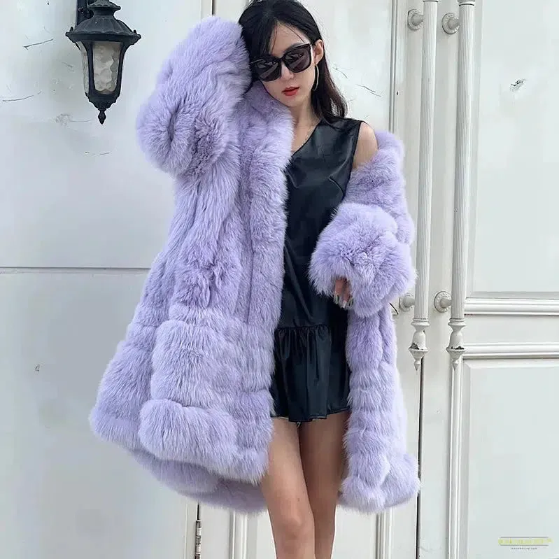 New Winter  Stand Collar Fox Fur Coat Women's Long Coat High quality Fashion Natural Real fur Jacket