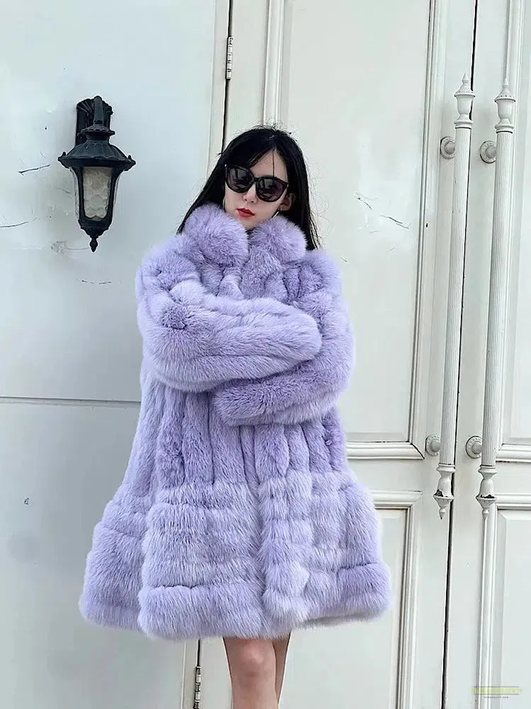 New Winter  Stand Collar Fox Fur Coat Women's Long Coat High quality Fashion Natural Real fur Jacket