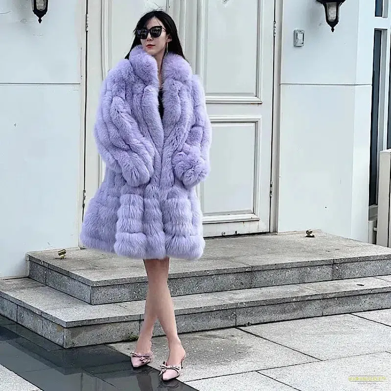 New Winter  Stand Collar Fox Fur Coat Women's Long Coat High quality Fashion Natural Real fur Jacket