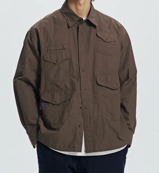 NYLON UTILITY POCKET OVERSHIRT - BROWN