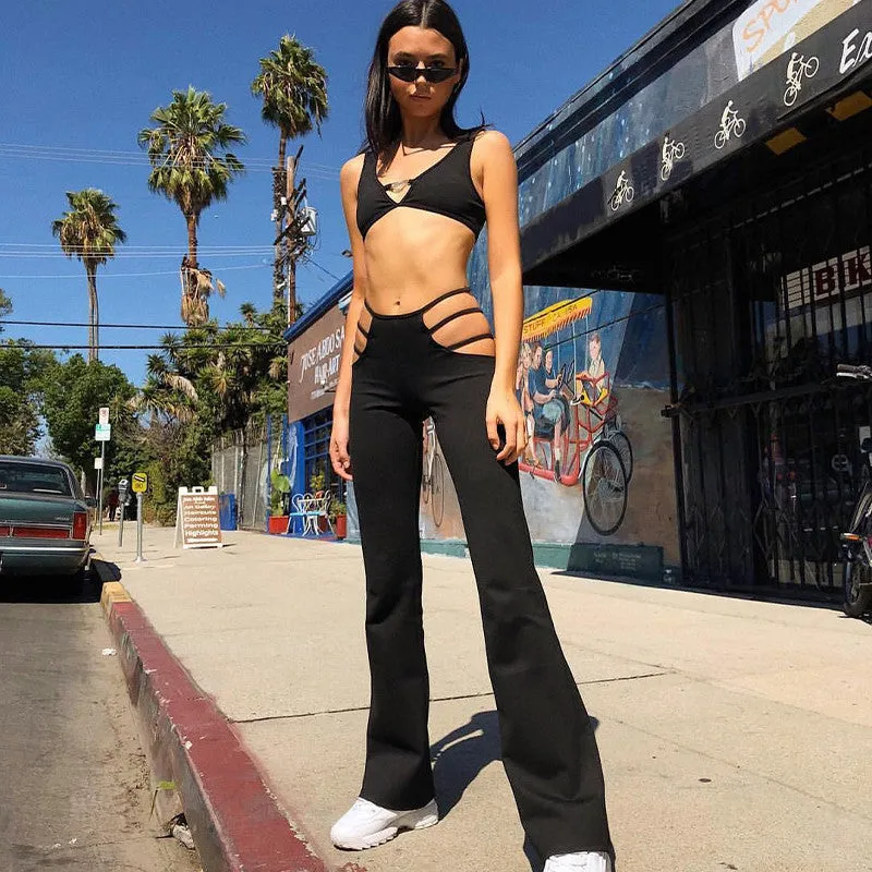 Obsidian Elegance' Black Cutout Wide Leg Flare Pants