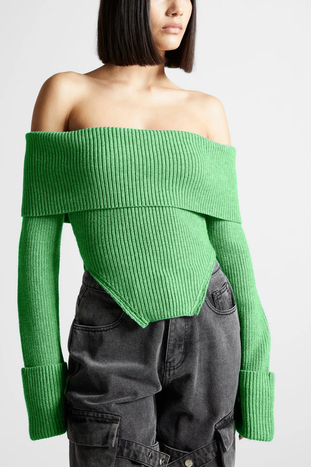 OFF SHOULDER KNIT CROPPED SWEATER - Green