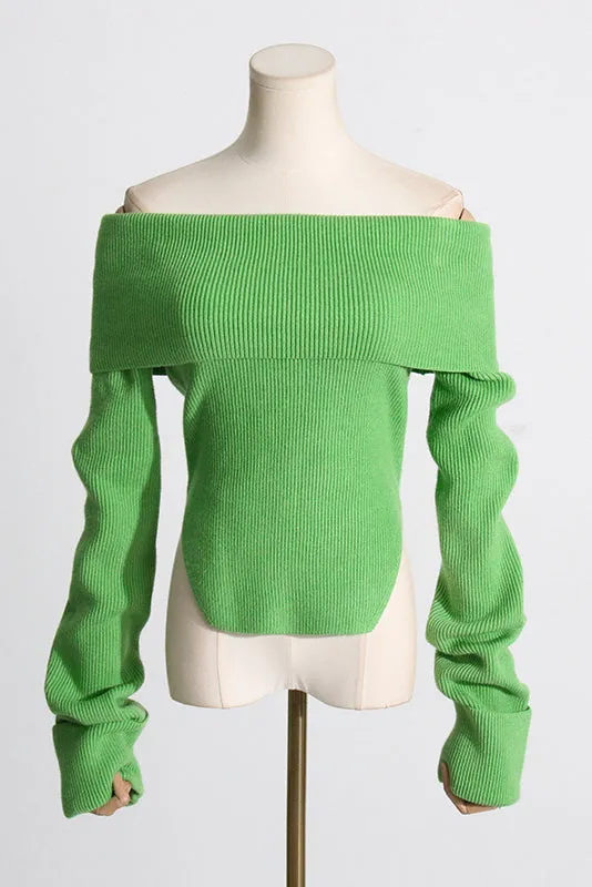 OFF SHOULDER KNIT CROPPED SWEATER - Green