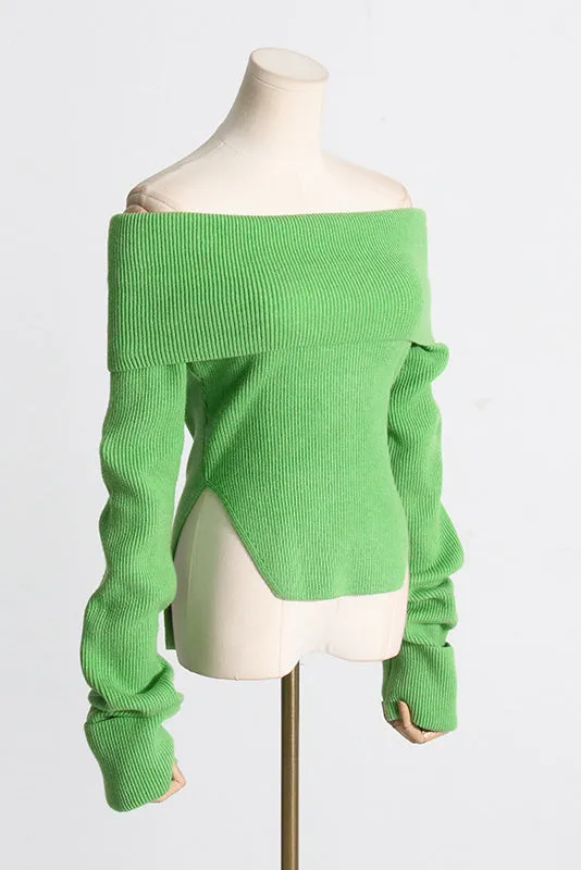 OFF SHOULDER KNIT CROPPED SWEATER - Green