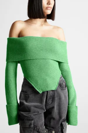 OFF SHOULDER KNIT CROPPED SWEATER - Green