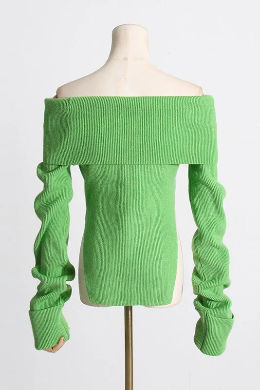 OFF SHOULDER KNIT CROPPED SWEATER - Green
