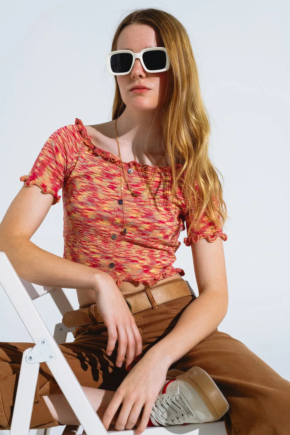 Off The Shoulder Cropped Knitted Top in Rust Melange