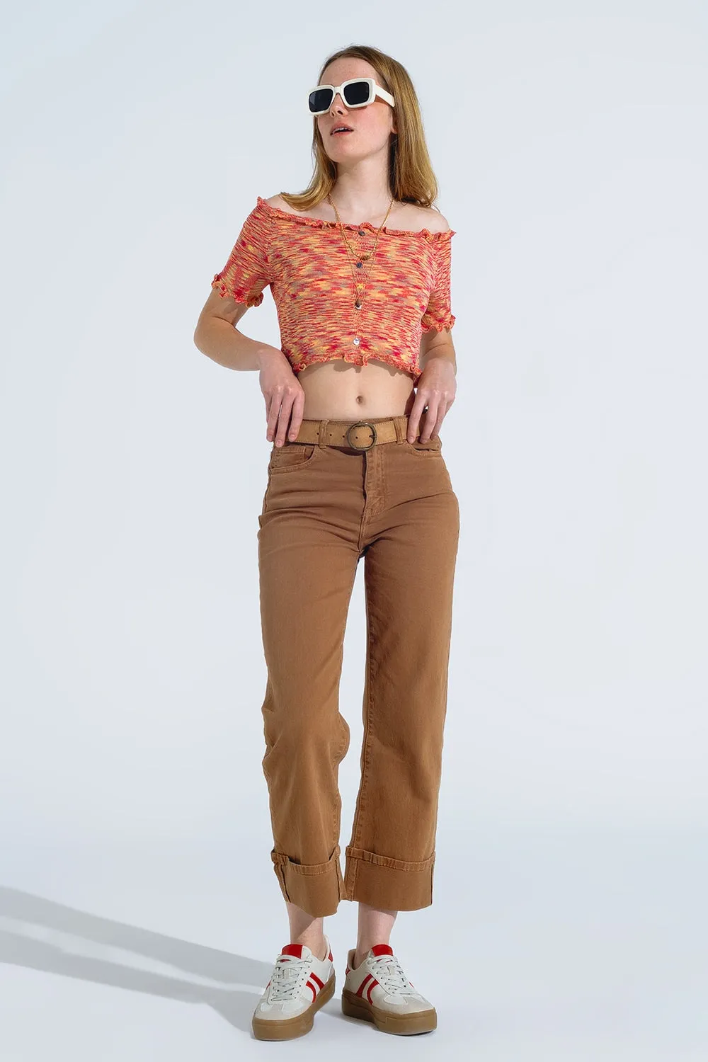 Off The Shoulder Cropped Knitted Top in Rust Melange