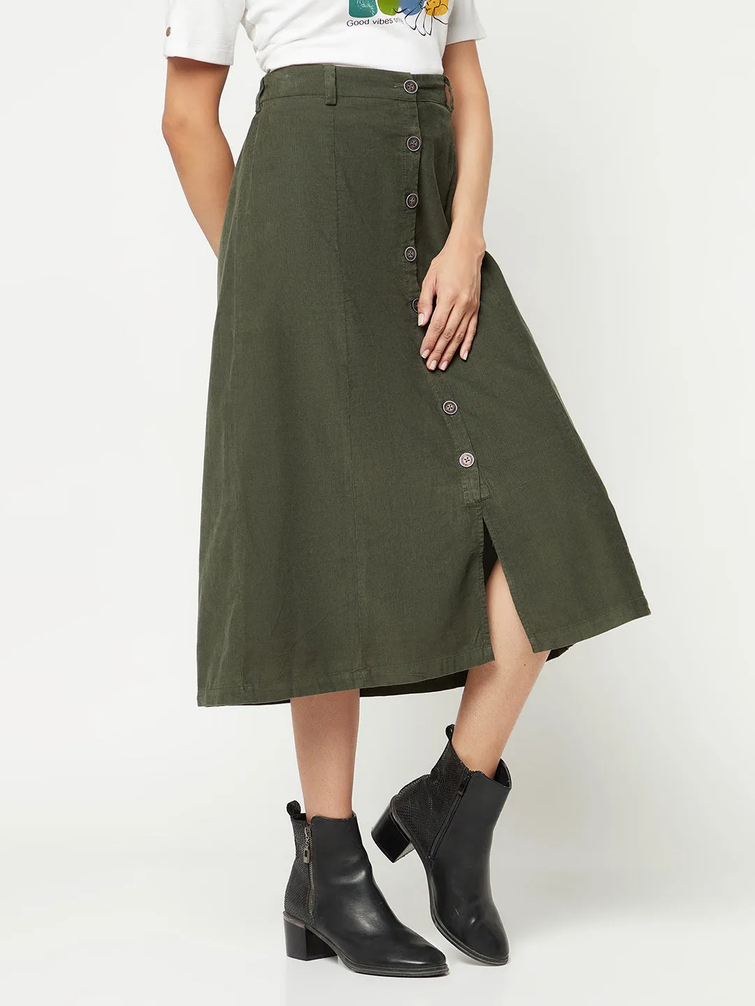 Olive Corduroy A-Line Skirt