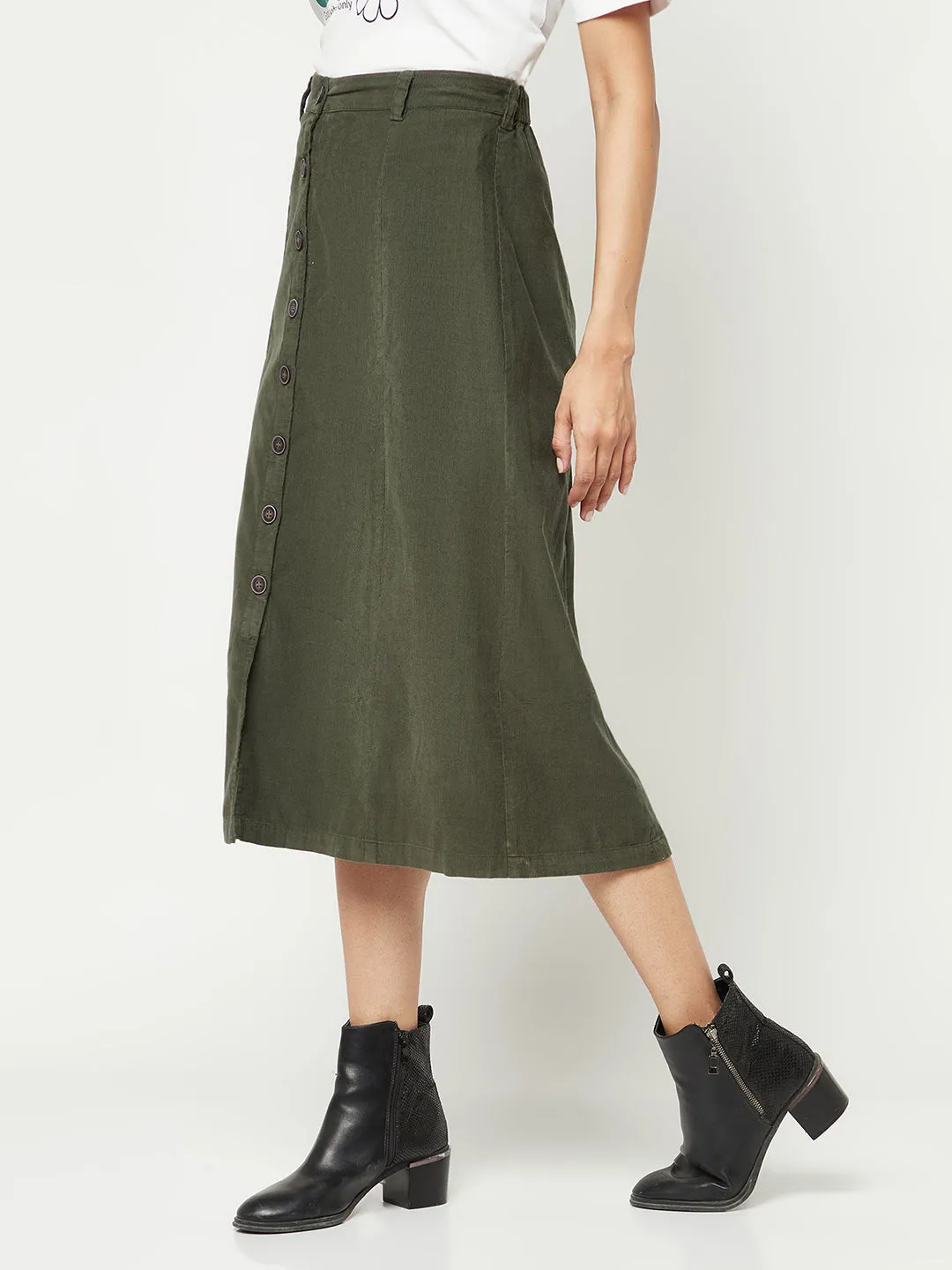 Olive Corduroy A-Line Skirt