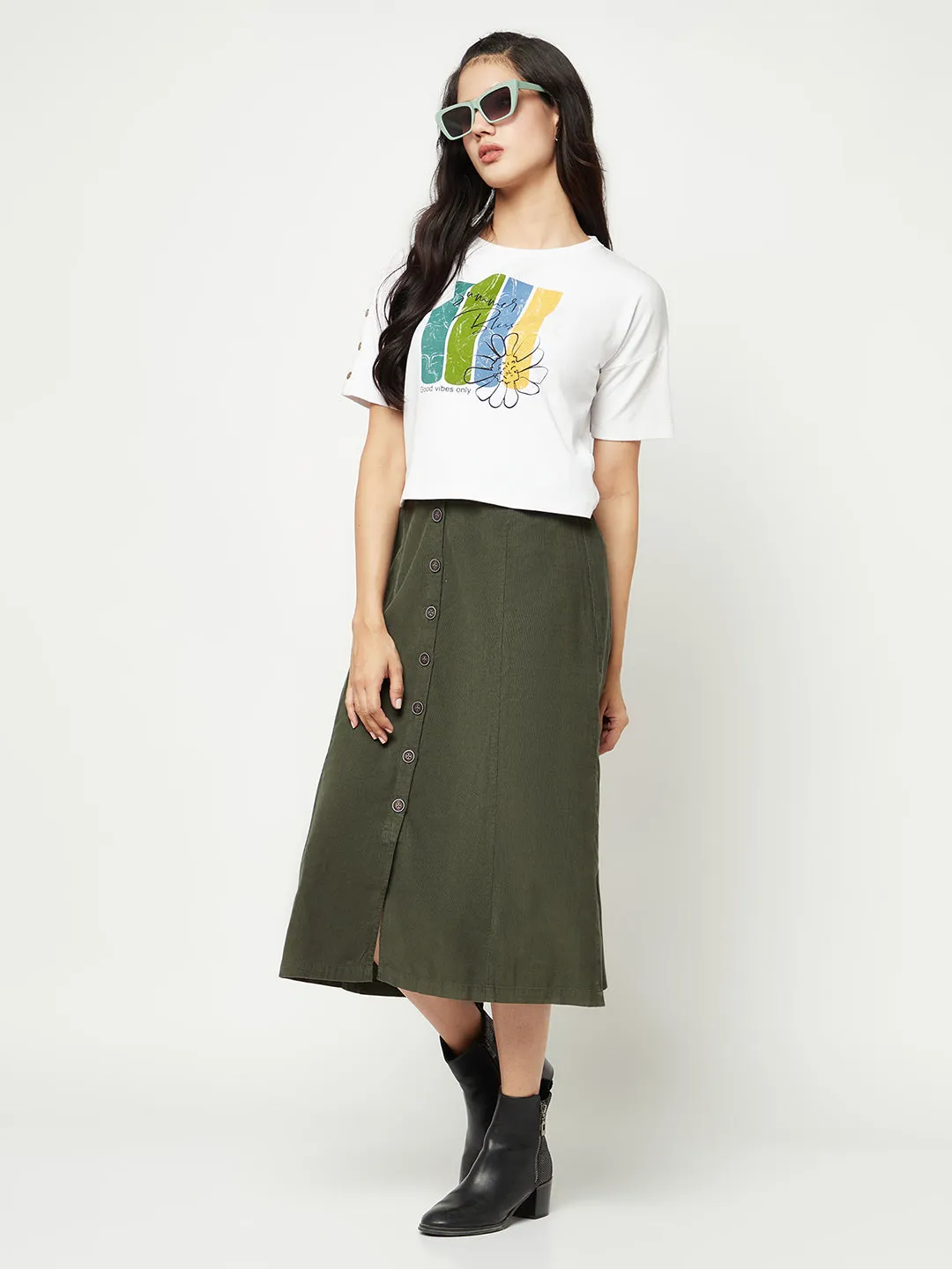 Olive Corduroy A-Line Skirt