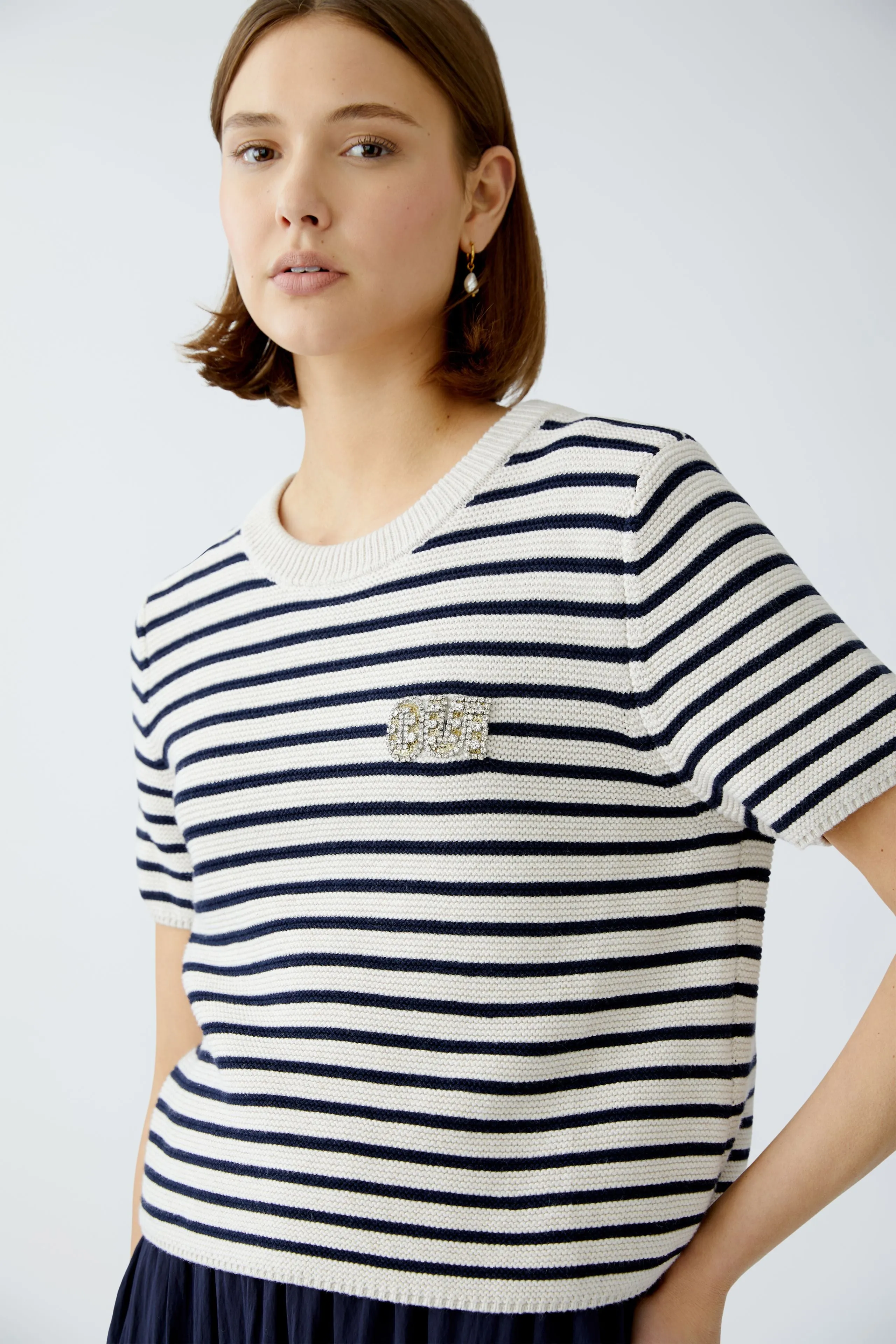 Oui Navy/White Striped Short Sleeve Jumper