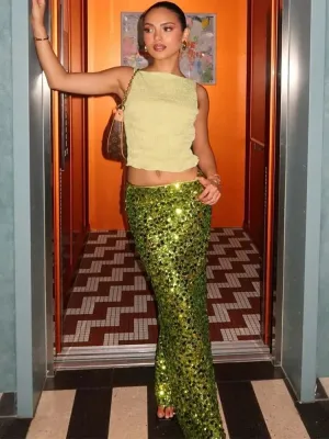 Party Green Shiny Skirts For Women High Waist Fashion Sequin Patchwork Long Skirts Female Trendy Skirt Clubwear