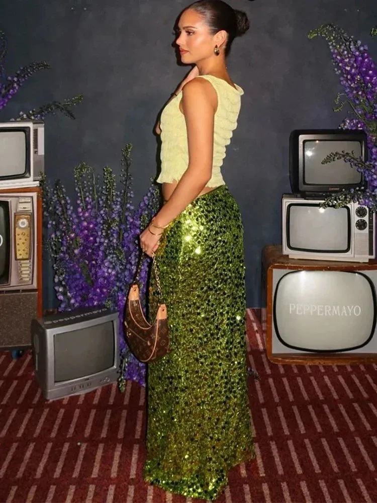 Party Green Shiny Skirts For Women High Waist Fashion Sequin Patchwork Long Skirts Female Trendy Skirt Clubwear