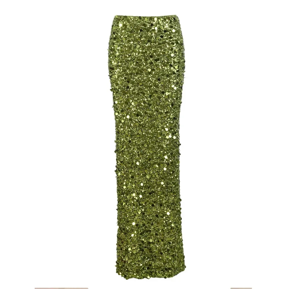 Party Green Shiny Skirts For Women High Waist Fashion Sequin Patchwork Long Skirts Female Trendy Skirt Clubwear