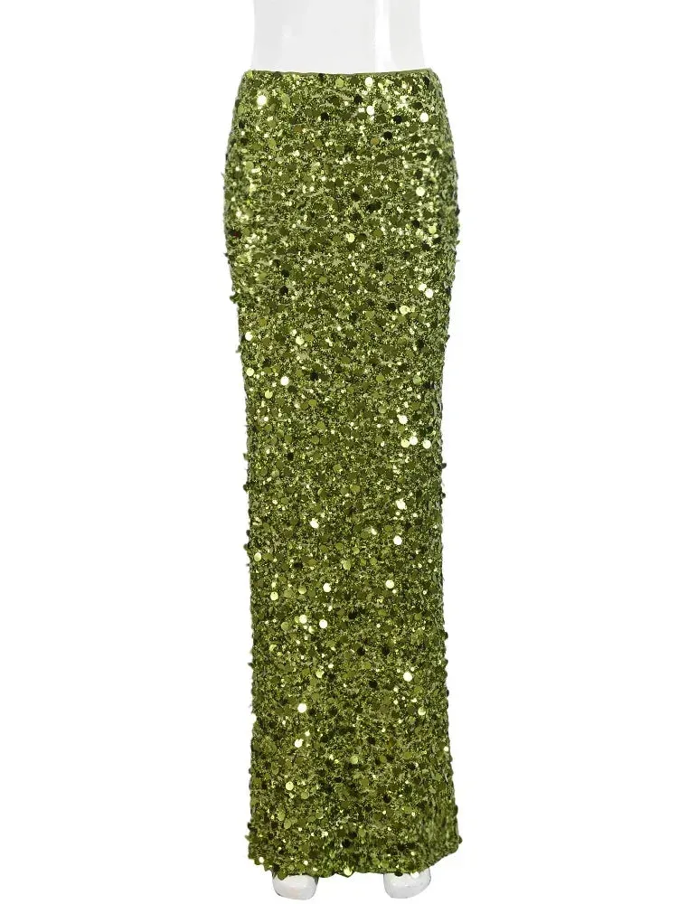 Party Green Shiny Skirts For Women High Waist Fashion Sequin Patchwork Long Skirts Female Trendy Skirt Clubwear