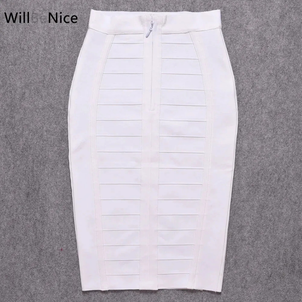 Pencil Knitted Skirts White Women Classic Vintage Elastic Thick Skirts Bodycon Birthday Skirts