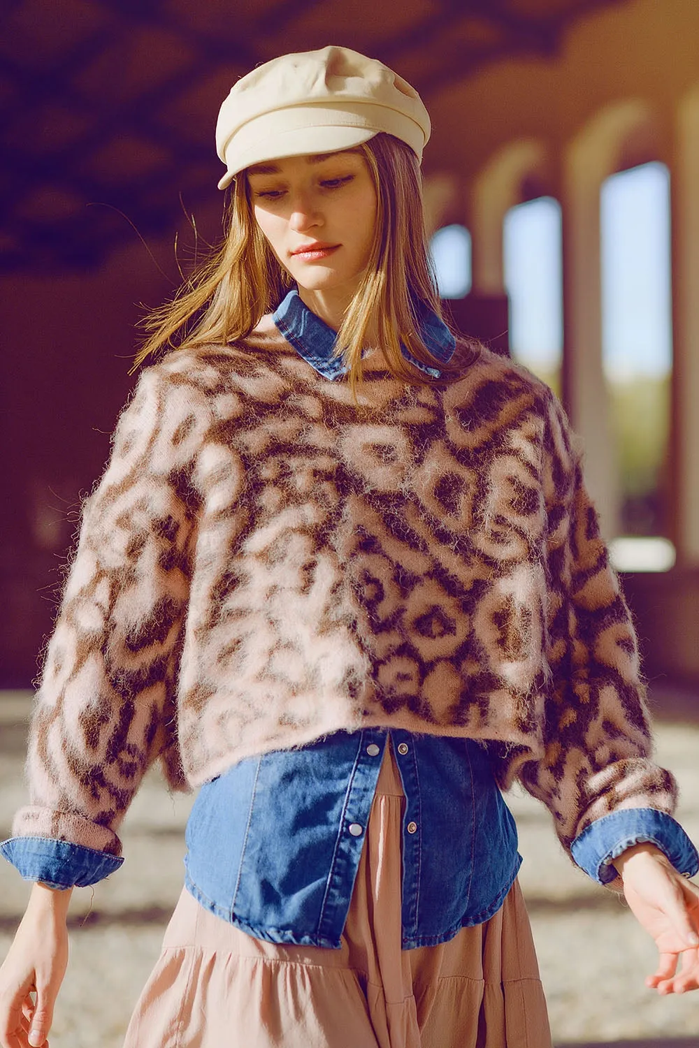 Pink Leopard print sweater made of wool knitted