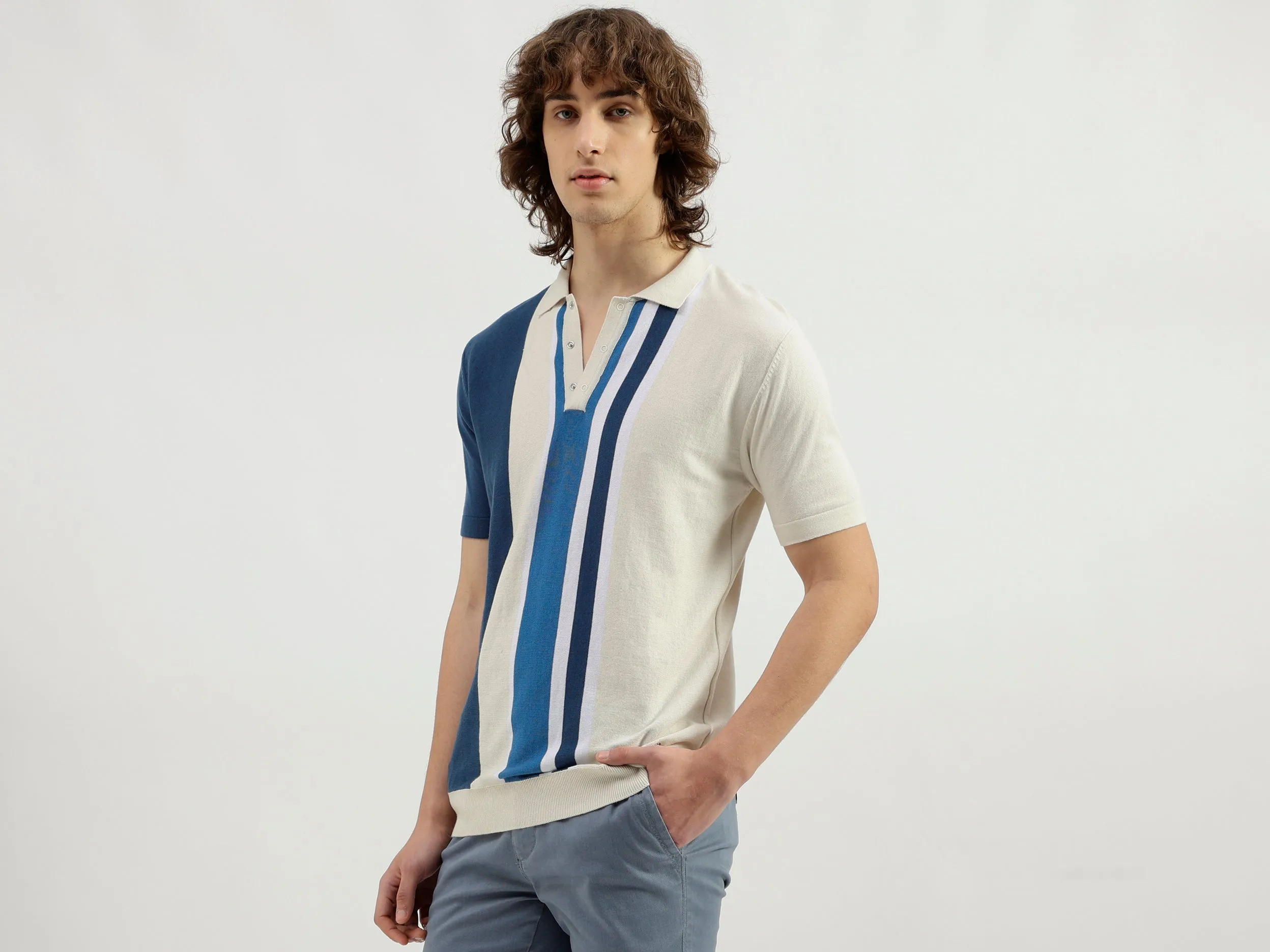 Polo Neck Striped Pattern T-Shirt