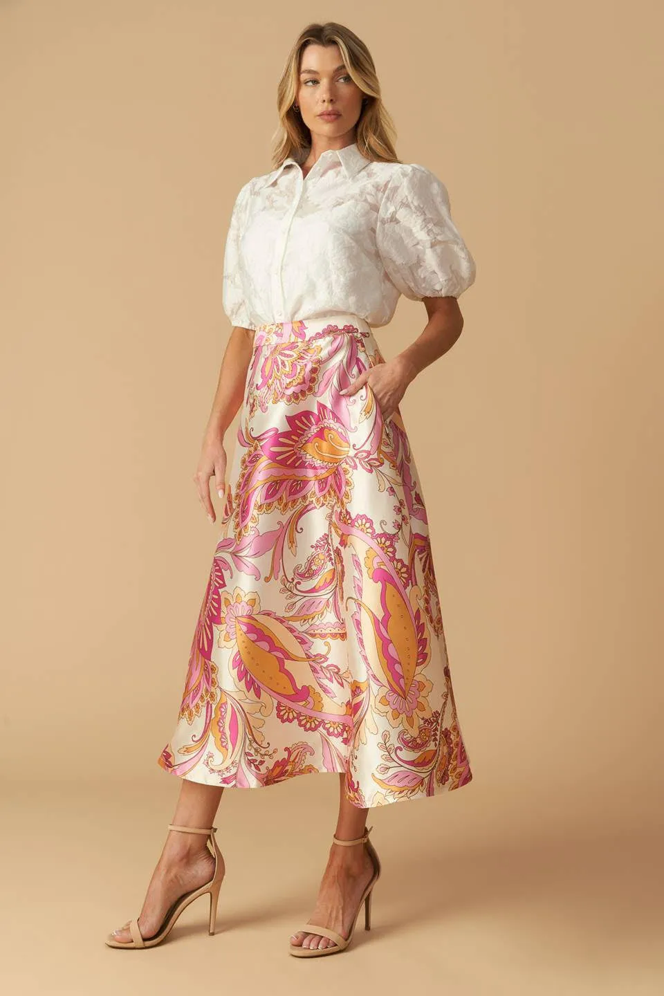 Printed Woven Midi A-Line Skirt