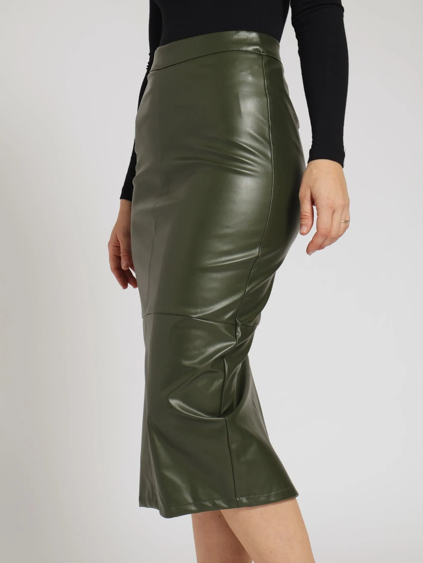 Pu Panelled Pencil Skirt - Fatigue