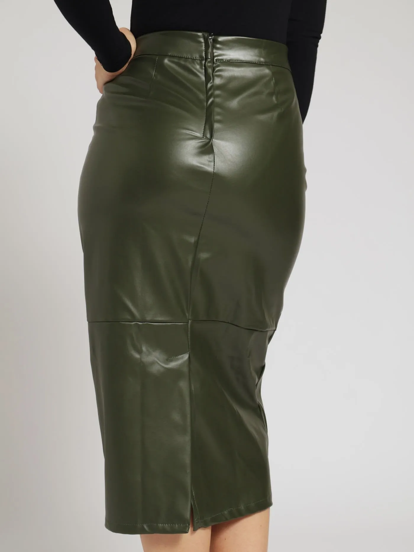 Pu Panelled Pencil Skirt - Fatigue