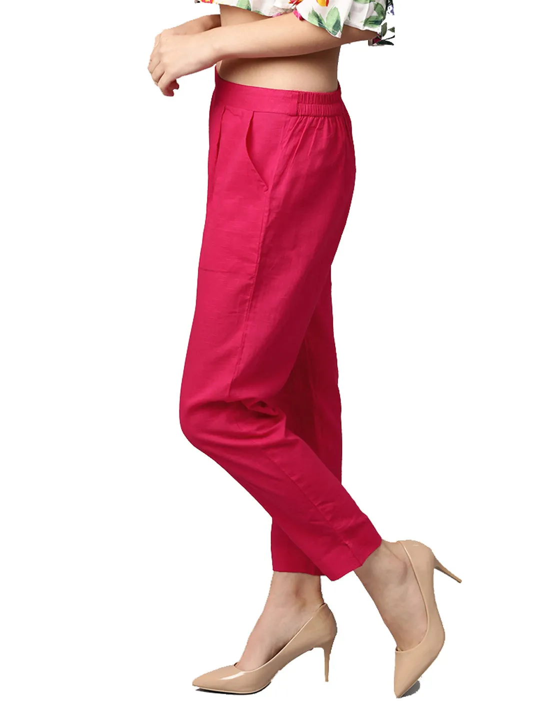 Rani Pink Solid Cotton Slub Straight Pants