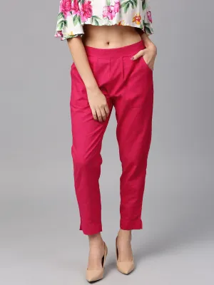 Rani Pink Solid Cotton Slub Straight Pants