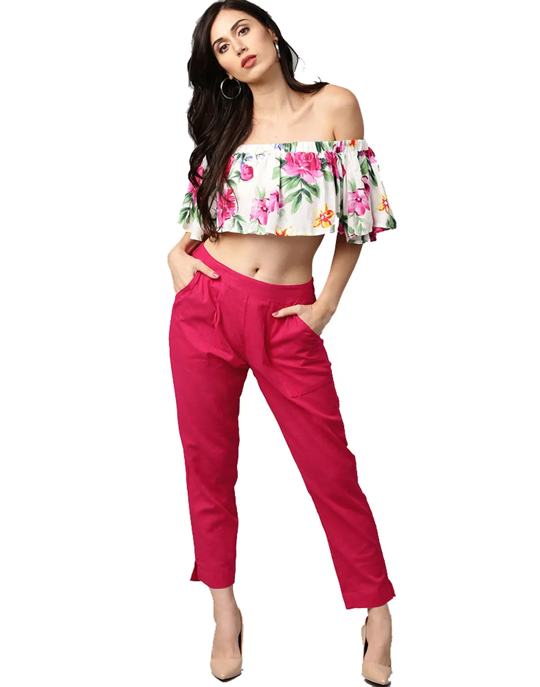 Rani Pink Solid Cotton Slub Straight Pants