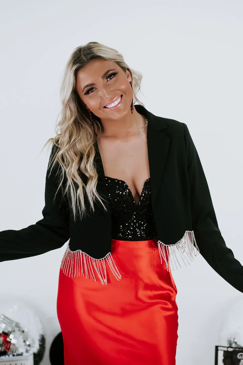 Rhinestone Girl Cropped Blazer , Black