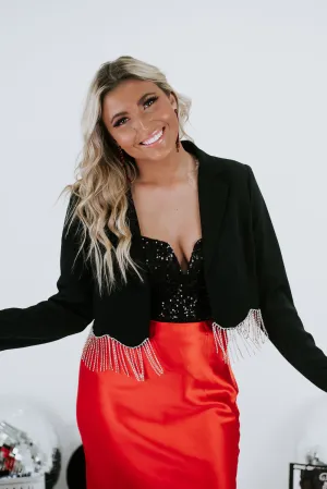 Rhinestone Girl Cropped Blazer , Black